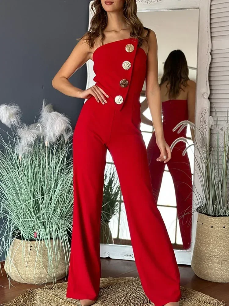 

Fashion Women's Romper Jumpsuit Summer New Sexy Backless Tube Top Button Bootcut Long Pants Red Jumpsuits For Women Streetwear