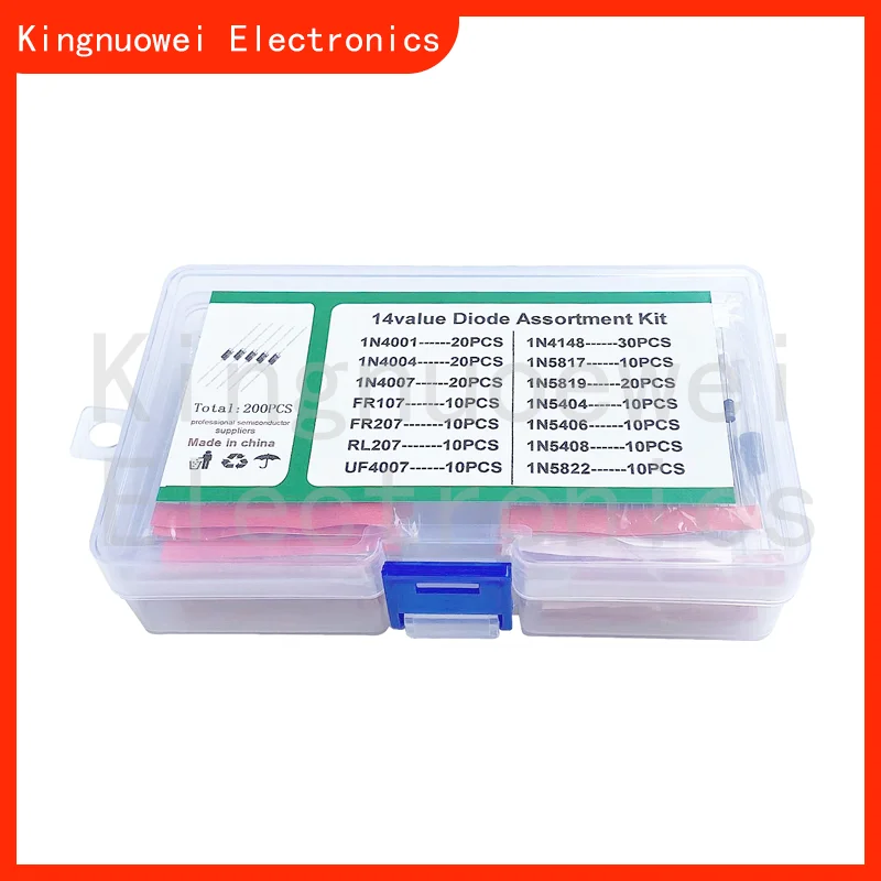 200pcs 14value Diode Assortment Kit1N4001 1N4004 1N4007 1N4148 1N5817 1N5819 1N5404 1N5406 1N5408 1N5822 FR107 FR207 RL207 UF400