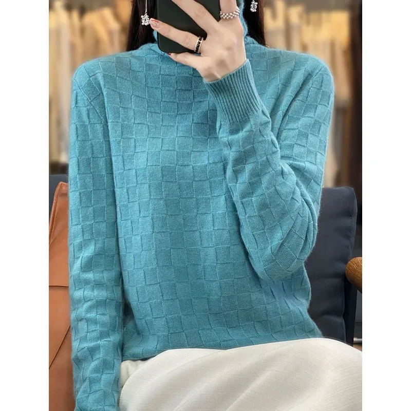 Autumn and Winter Fashion Korean Checkered Stacked Collar Loose and Versatile Western Style Slim Long Sleeve Women's Sweater