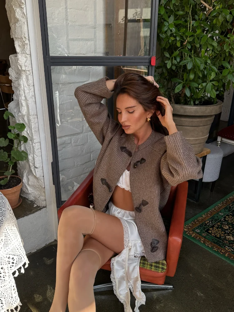 Women Mixed Tweed Short Coat Stand Collar Horn Button 3/4 Sleeve Loose Oversized Vintage Top 2026 Fashion Cottagecore Vibe Wear