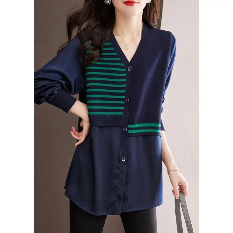 Fashion V-Neck Spliced Striped Asymmetrical Shirt Women\'s Clothing 2022 Autumn New Oversized Loose Casual Tops Korean Blouse