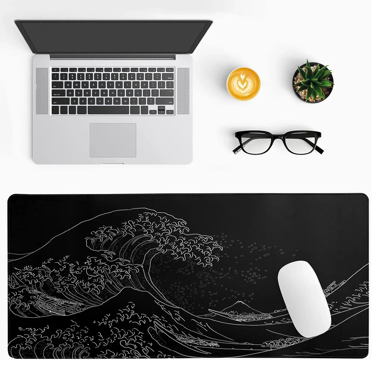 Black wave large mouse pad non-slip wear-resistant rubber bottom with stitched edge keyboard mat suitable for office 400x900mm