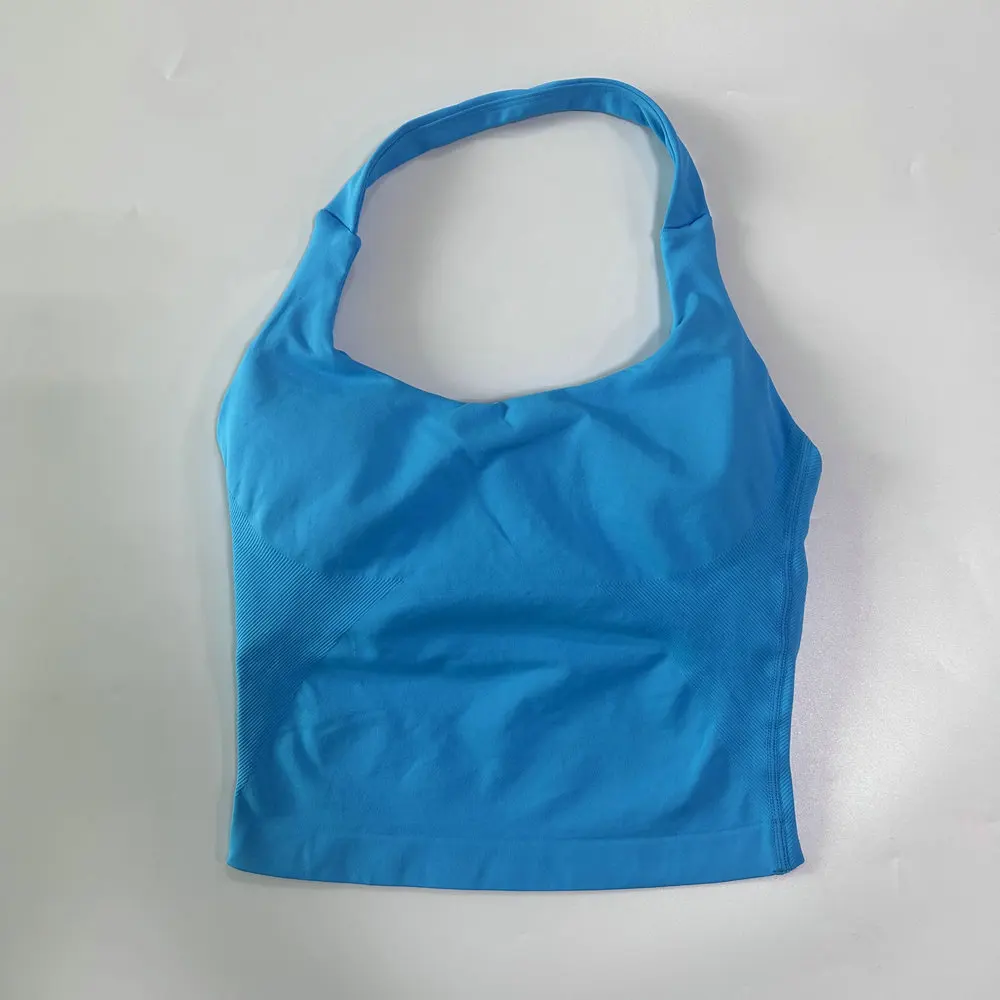 Geen logo Naadloze haltertop Backless Longline Strappy gewatteerde gymtop Dames Ingebouwde beha Afneembare cups Activewear Yoga tanktops