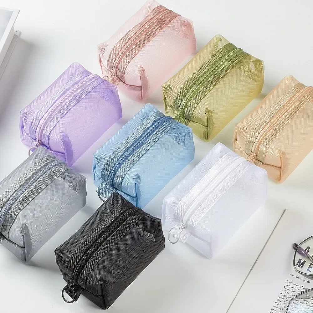New Transparent Bag Mini Zipper Portable Square Nylon Mesh Coin Purse Large Capacity Key Earphone Organizer Pouch Card Bag