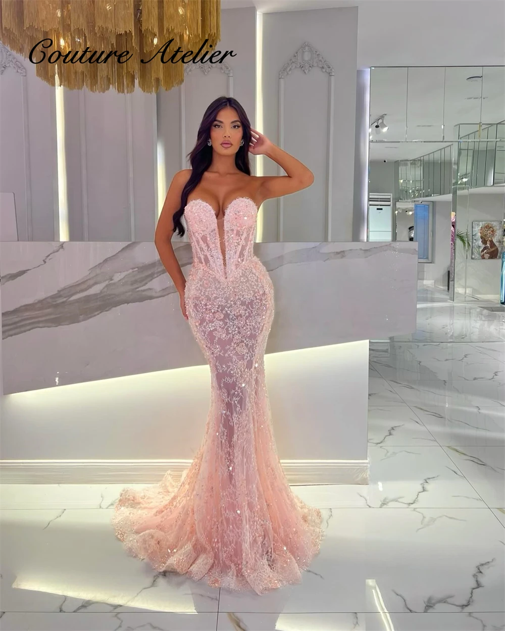 Graceful Pink Lace Strapless Mexican Evening Dress For Special Occasion Bead Birthday Party Mermaid Formal Gown Dubai Customized