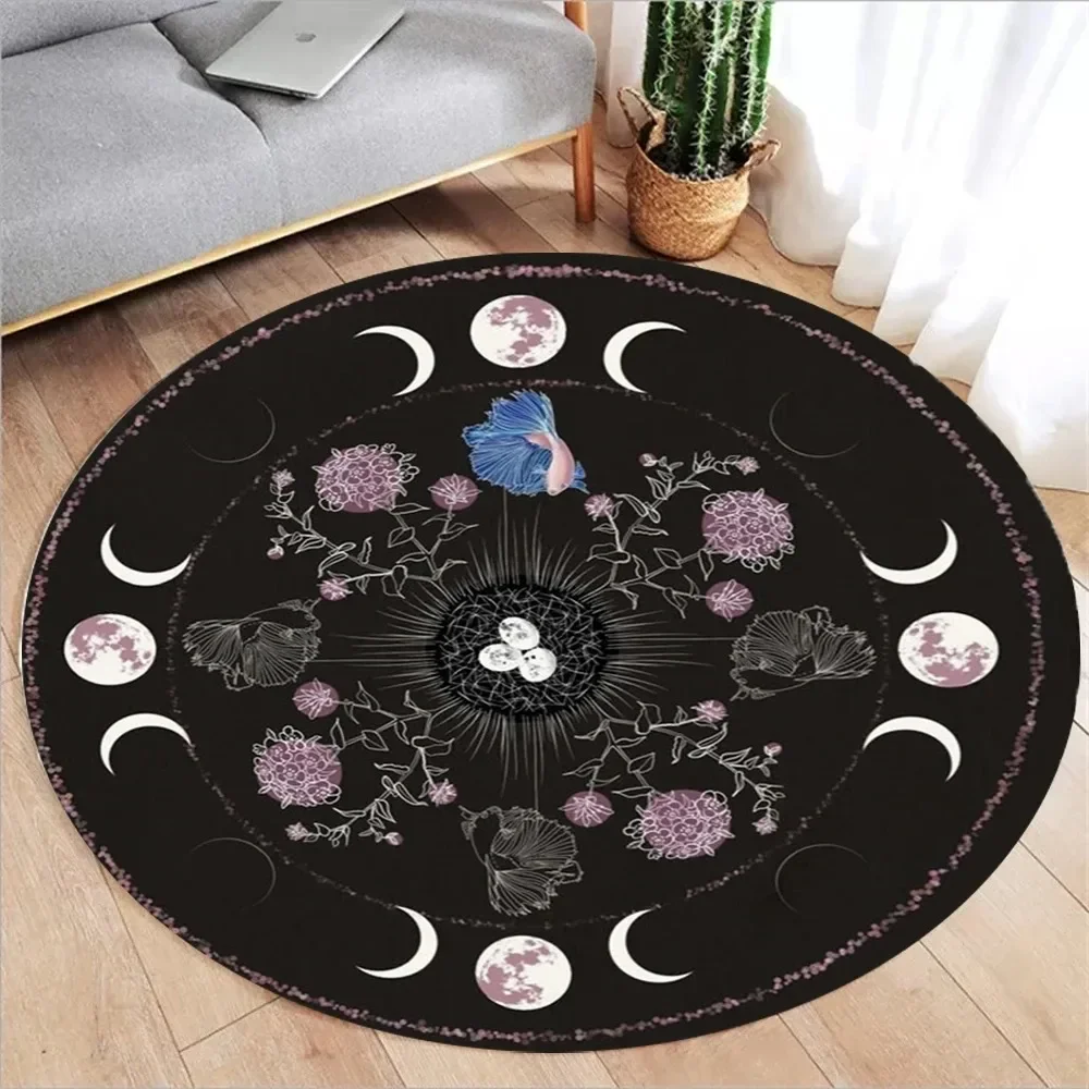 Star & Moon Print Round Carpet – Plant, Butterfly, Tarot, Moon Phase Flower Design Rug for Witchcraft, Astrology Decor