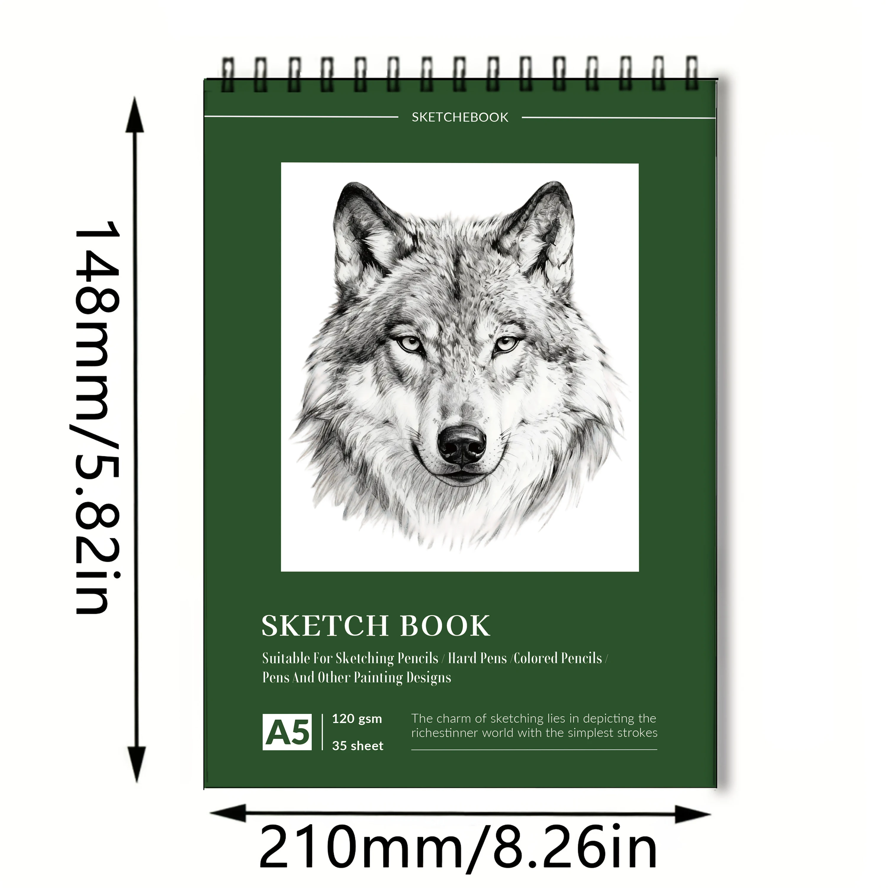 

Альбом для рисования на спирали формата А5, обложка с изображением волка, 35 листов (120 г/м²), бескислотная бумага, идеально подходит для карандаша и угольного рисования