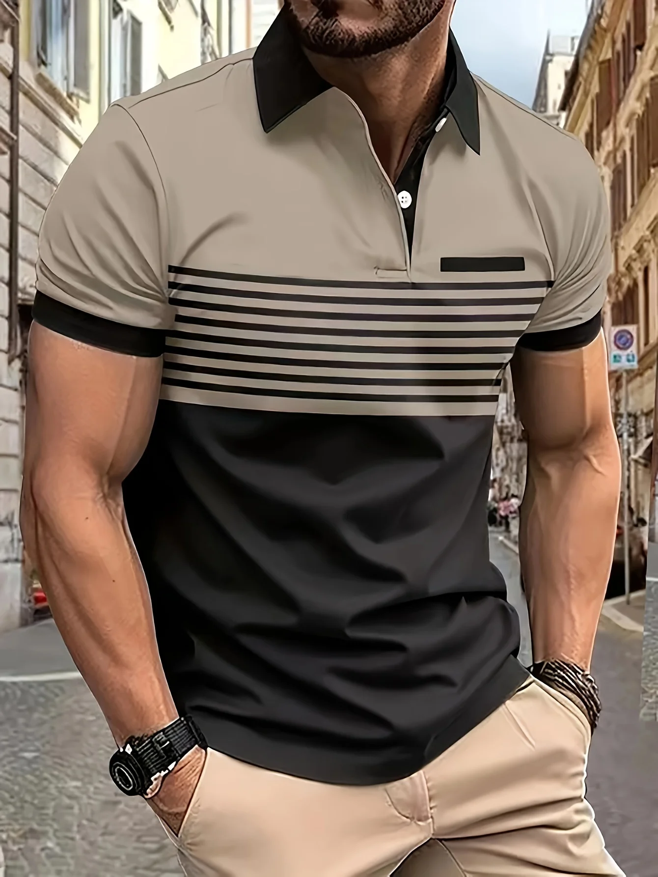 Men\'s Contrast Color Stripe Pattern Polo Fashion Short Sleeve Button Polo Shirt Casual Trendy Tops For Summer Golf Daily Wear