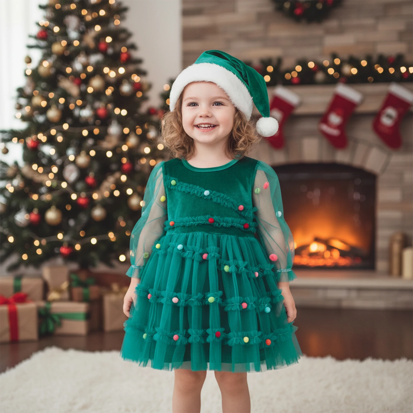 

Toddler Girl Christmas Outfit Colorful Plush Ball Long Sleeve Tulle Dress and Green Santa Hat 2 Piece Set for 1 to 5 Years
