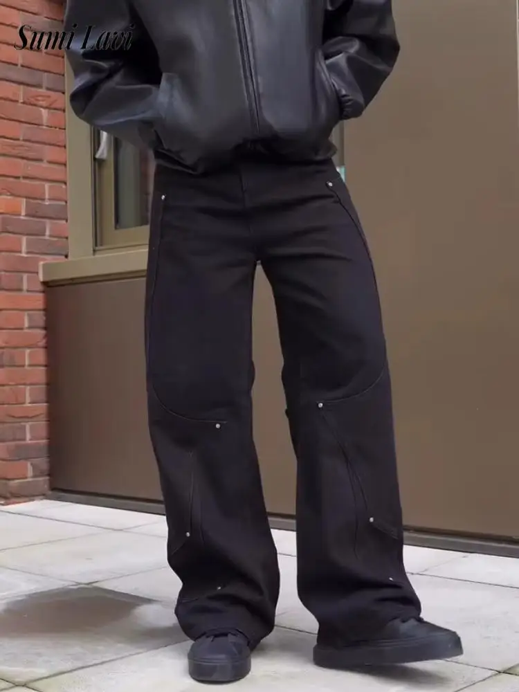 جديد الرجال عادية فضفاض مستقيم الجينز الخريف الشتاء المألوف المرقعة التطريز سراويل جينز الرجال Vintage جان السراويل