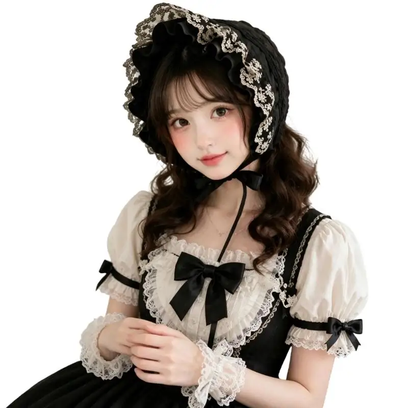 652F Cosplay Lace Bonnet Cap with Ruffled Flower Embroidery, Tie Ribbons, and Foldable Form for Anime Maid Outfit Ensembles