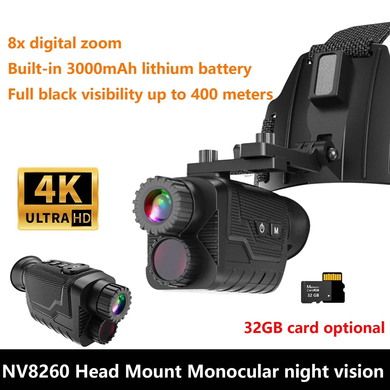 Portable Night Vision Monocular with 4K 1080P HD,8X Digital Zoom 400M Infrared, Built-in 3000mAh Lithium Battery NV8260