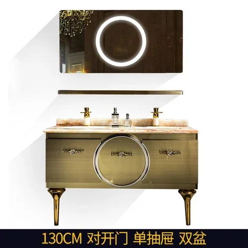 

Stainless Steel Bathroom Cabinet Combination Custom Villa Bathroom Washbasin Smart Mirror Simple Double Basin Marble