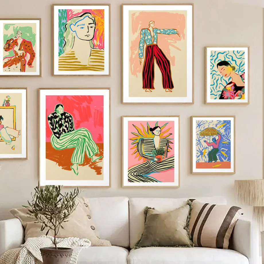Nordic Abstract Wall Art Canvas Painting Dance Girl with Striped Clothes Lines Poster Print for Living Room Decor