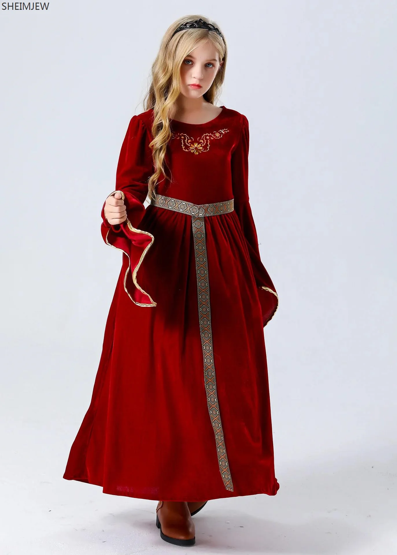 Kids Suede Flared Sleeve Long Dresses Medieval Vintage Court Noble Ball Performance Dresses Cosplay Stage Performance Costumes