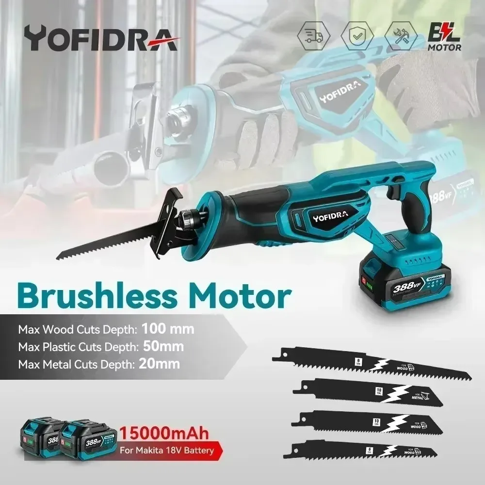 Yofidra 18V Brushless Reciprocating Saw Handsaw Saber Multifunction Electric Saws for Metal Wood Pipe Cutting For Makita battery