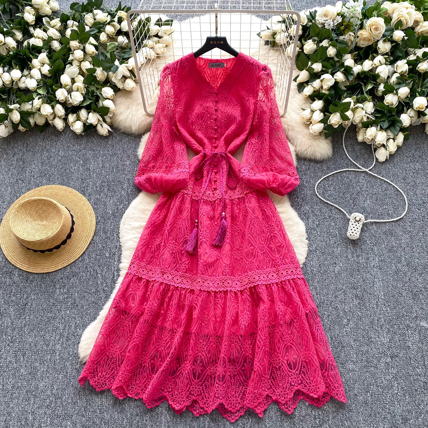 

Vintage Elegant Embroidered lace-up mesh Dress A-line Chic Casual Beach Vacation Women Summer dresses