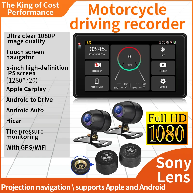 5 Inch TouchscreenMotorcycle Dvr motorcycle Camera Motorbike carplay dashcam with tyre pressure monitoring Motorbike GPS