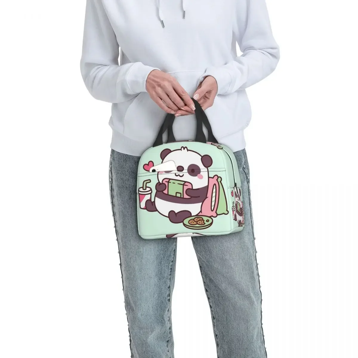 Cartoon Panda Playing Video Games Insulated Lunch Bag for Women Kids Portable Food Boxes Thermal Lunch Box Tote