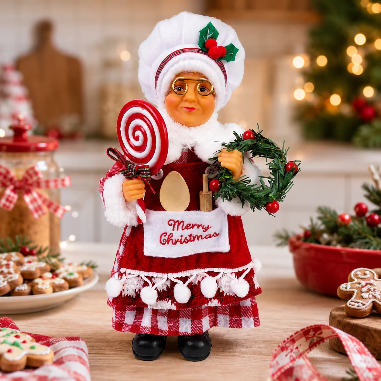 30cm Christmas Chef Santa Claus Figurine with Lollipop Wreath Embroidered Apron Holiday Tabletop Home Decor