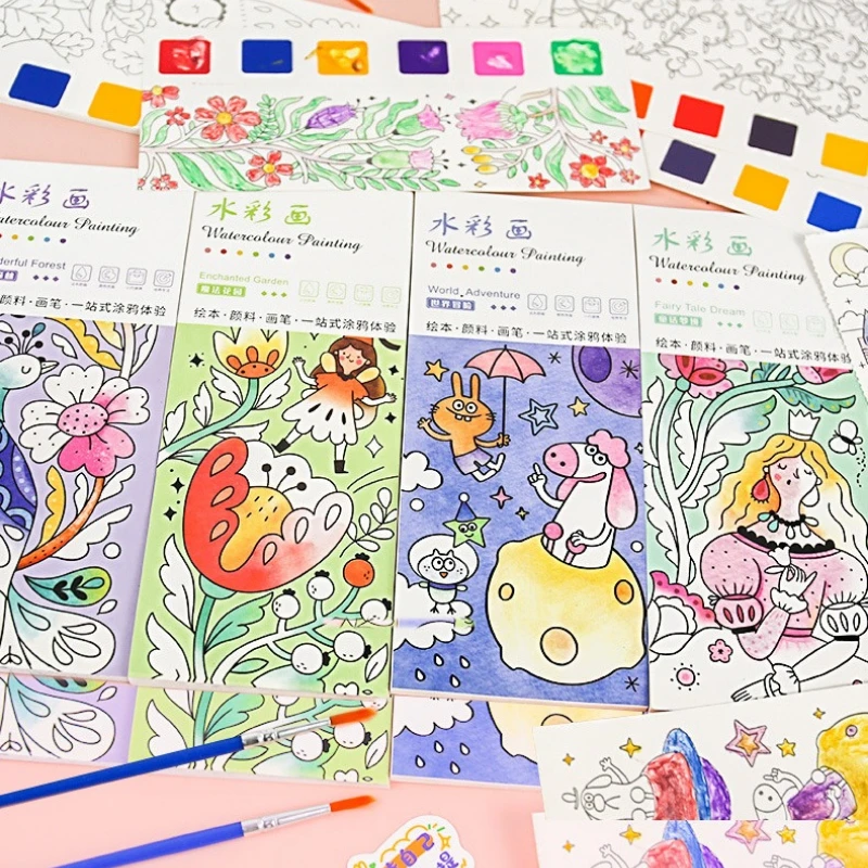 1/2/3pcs Watercolor Coloring Book With Paint Brush Kids Graffiti Picture Drawing Painting Stationery Thanksgiving Christmas Gift