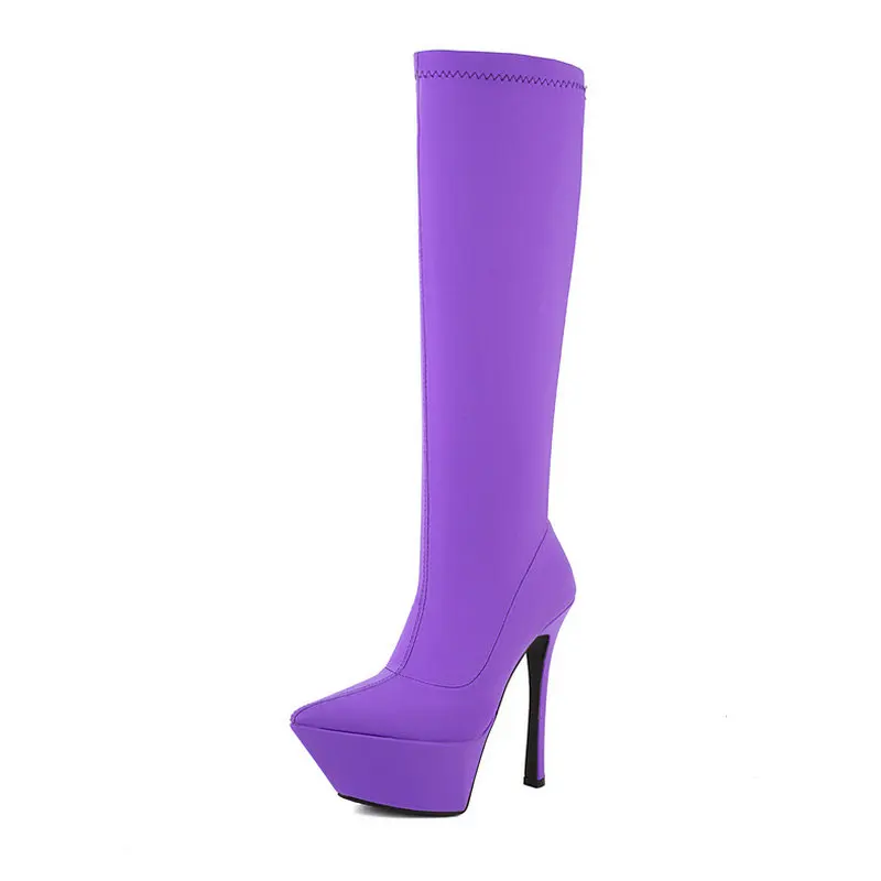 Blue Purple Rose Red Black Women Knee High Boots Platform Thin High Heel Ladies Stretch Boots Elastic Fabric Pointed Toe Shoes