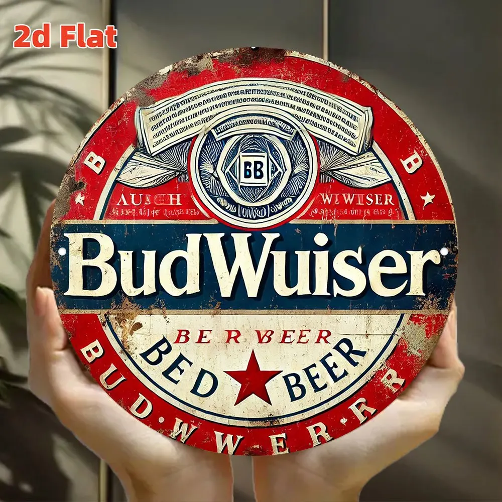 Beer Retro Sign Wooden Wall Art——Industrial Style Round Metal Sign, High-Resolution Printing, Bar, Home Decor