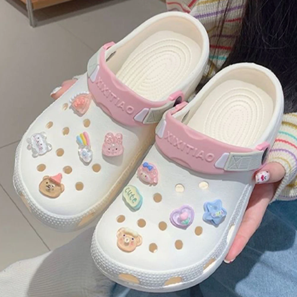 New Sandal Slippers DIY Cute Cartoon Clogs Women Mules Summer Beach Sandals Cave Hole Female Garden Shoe For Students Girls