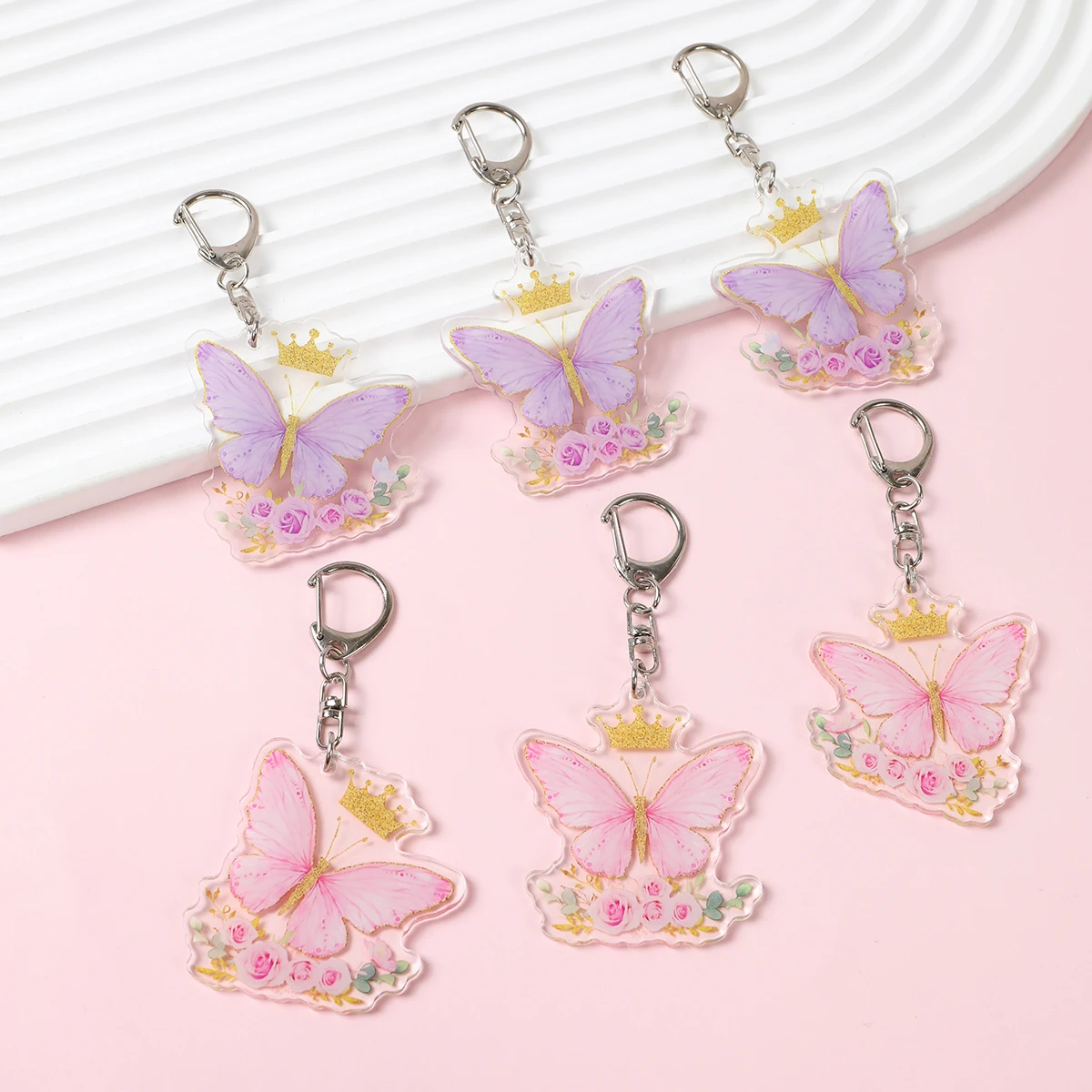 

Butterfly Keychains Acrylic Farm Animal Key Pendant Birthday Party Decor Pink Purple Butterfly Key Ornaments Favors Party Suppli