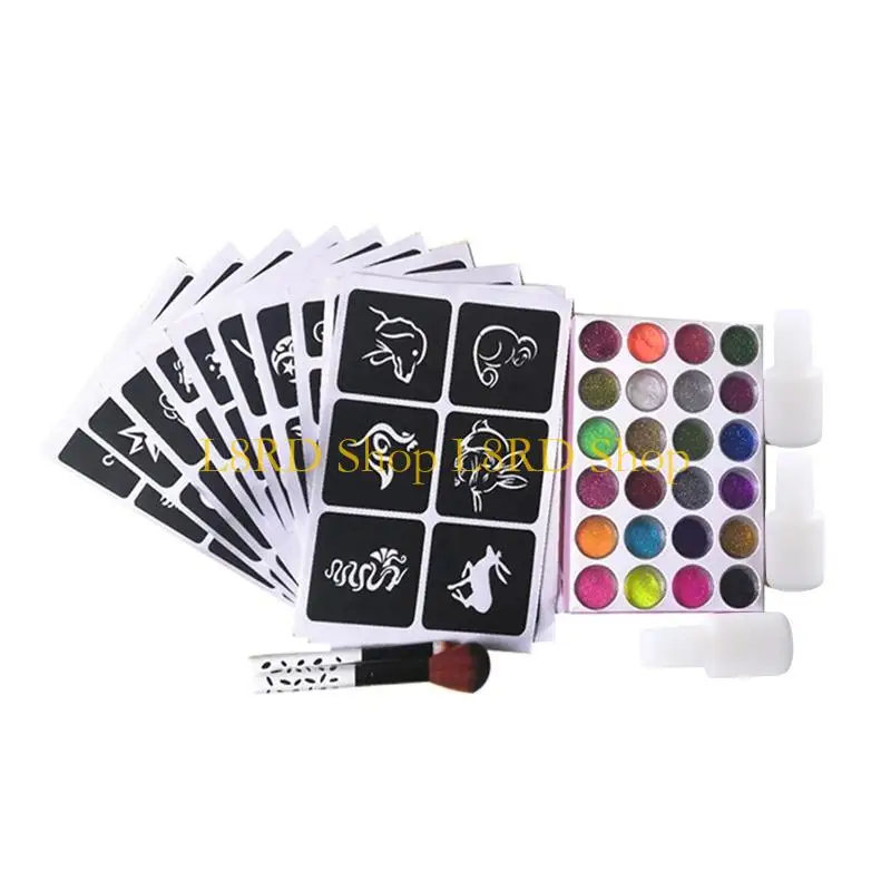 

L8RD New Glitter with 24 Colors Powder 10 Stencils 3 2 Brushes