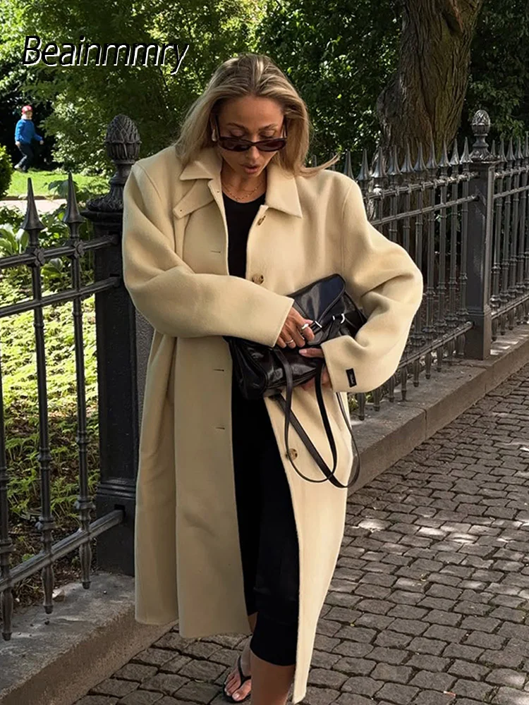 

Women's Elegant Wool Overcoat Loose Fit Single Breasted Lapel Neck Long Jackets 2025 Autumn Commute Pockets Long Sleeve Outwears