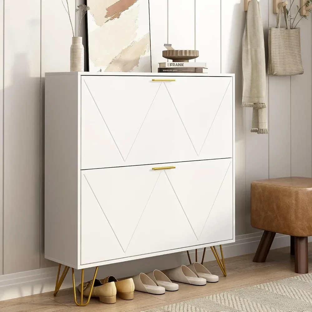 Shoe Cabinet Storage for Entryway, Narrow Shoe Cabinet with 2 Flip Drawers,Freestanding Organizer with Fluted Panel