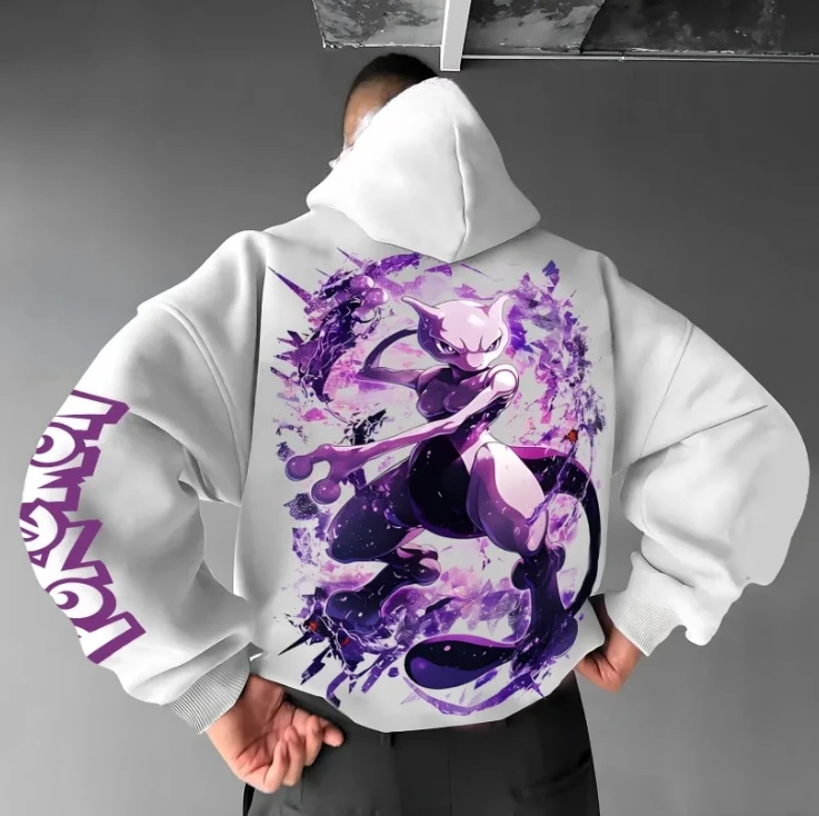 

Pokemon hooded sweatshirt anime streetwear casual men 2025 autumn and winter oversized pure cotton blend white purple print