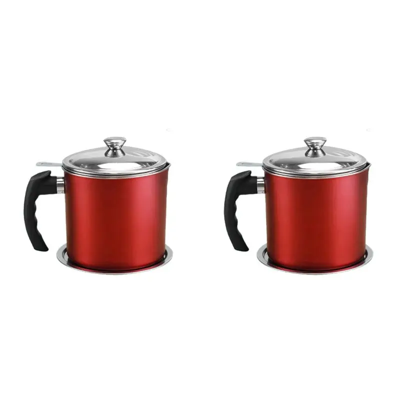 2X Bacon Grease Container 1.3L Cooking Oil Storage Can With Strainer,Oil Strainer Potfor Storing Cooking Grease(Red)-AT30