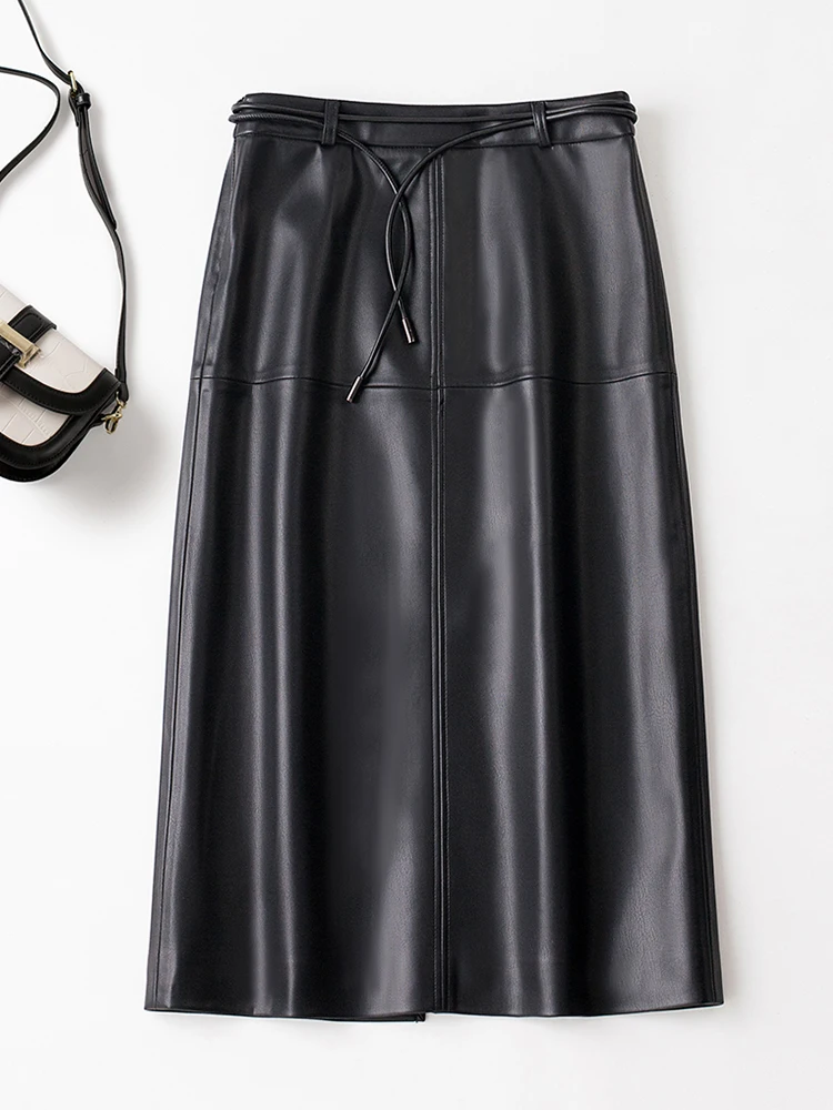 Sheepskin High Waist Slim Fit Mid-Length Genuine Leather Skirt A-Line Half Body Skirt Wrap around Skirt Invisible Zipper Design