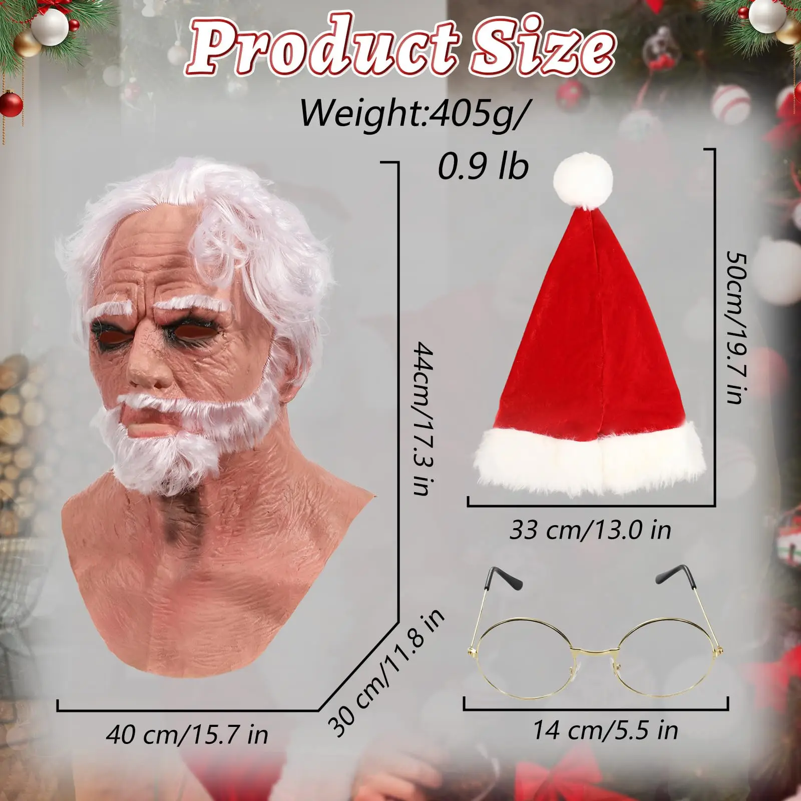 3PCS Realistic Santa Claus Mask Christmas Hat Glasses Old Man Beard Full Head Latex Costume Props Adult Men Cosplay For Xmas