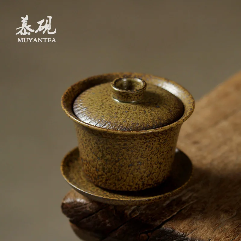 Mutao Long Kiln Wood-Fired Three-Talents Gaiwan, Plant Ash Set, Rustic Ceramic Kung Fu Retro Tea Maker
