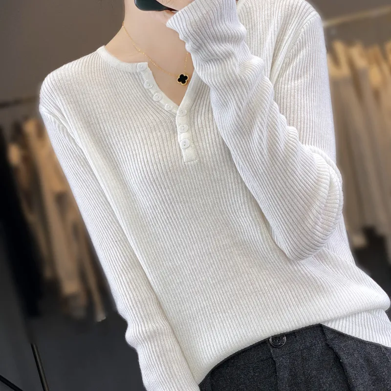 2024 New Spring and Autumn V-Neck Color matching Cashmere Sweater Women Long Sleeve Pullover Solid Color Base