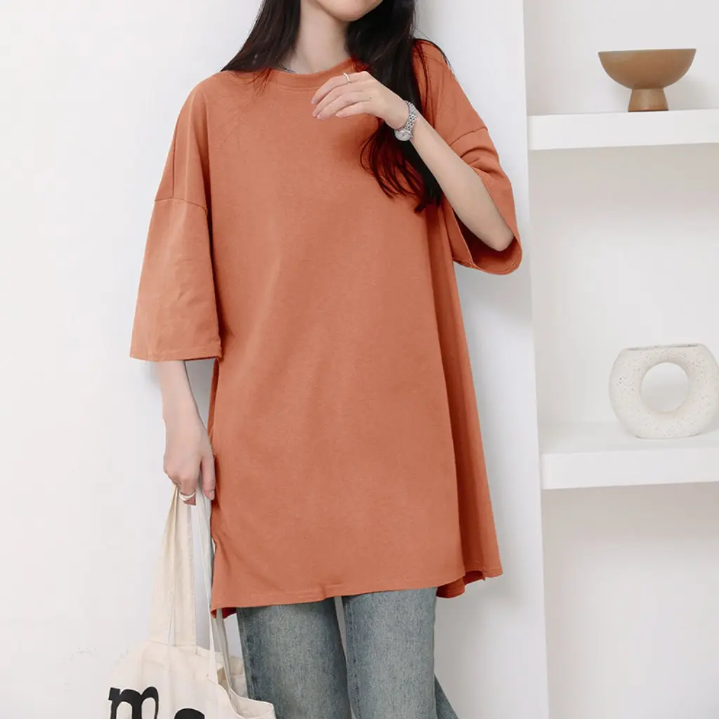 

Summer Cotton T-shirt for Women Casual Loose Mid-length Top with Side Split Short Sleeve Korean Style Fashionable Streetwear