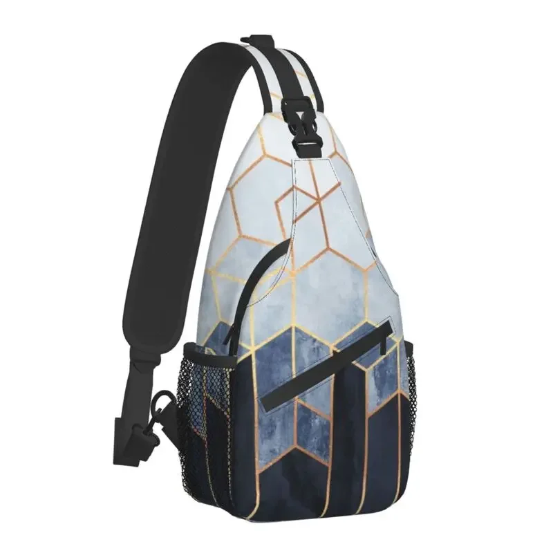 Mochila cruzada con hexágonos azules geométricos para hombre, bolso de hombro con patrón geométrico abstracto para ciclismo, Camping, mochila