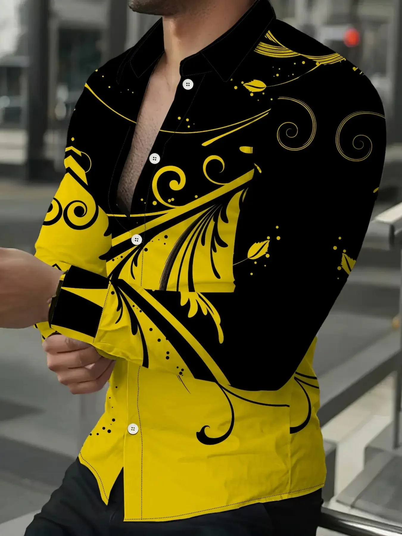 

Men's trendy yellow and black patterned shirt, with a yellow and black tone paired with personalized patterns