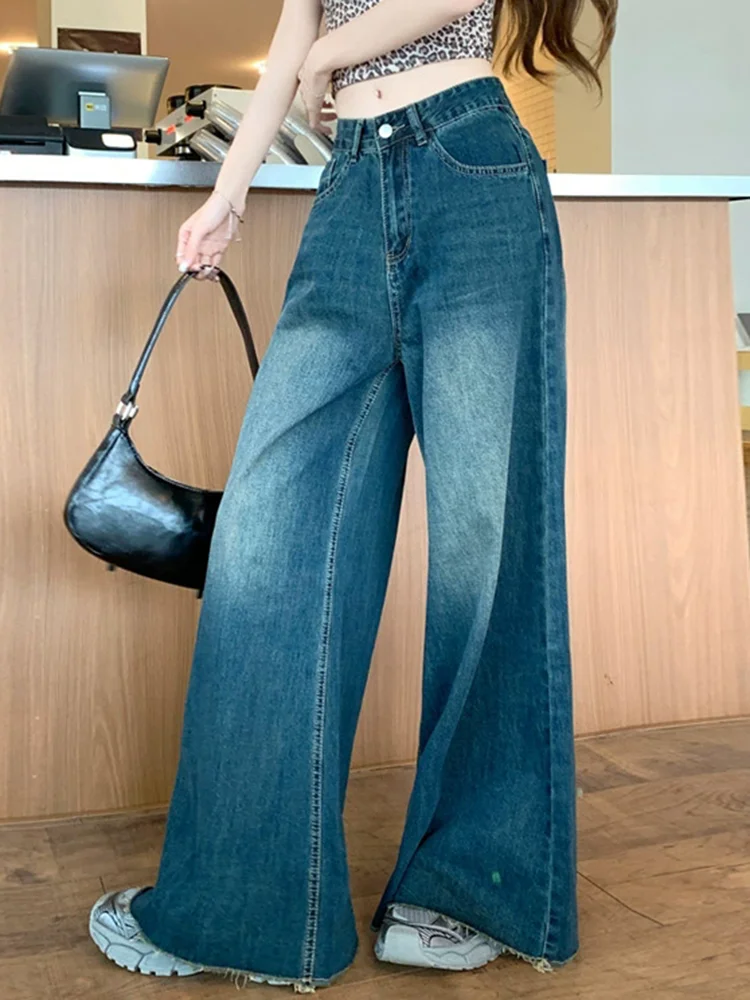 Koreańskie, luźne dżinsy z szeroką nogawką w stylu vintage, damskie Streetwear, proste spodnie dżinsowe z wysokim stanem, wiosenne jesienne, luźne, modne Vaqueros