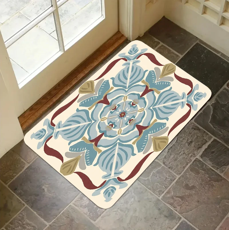 Vintage Symmetrical Flower Floor Doormat Moroccan Indoor Carpet Mat Floral Home Decoration Entryway Kitchen Living Room Area Rug