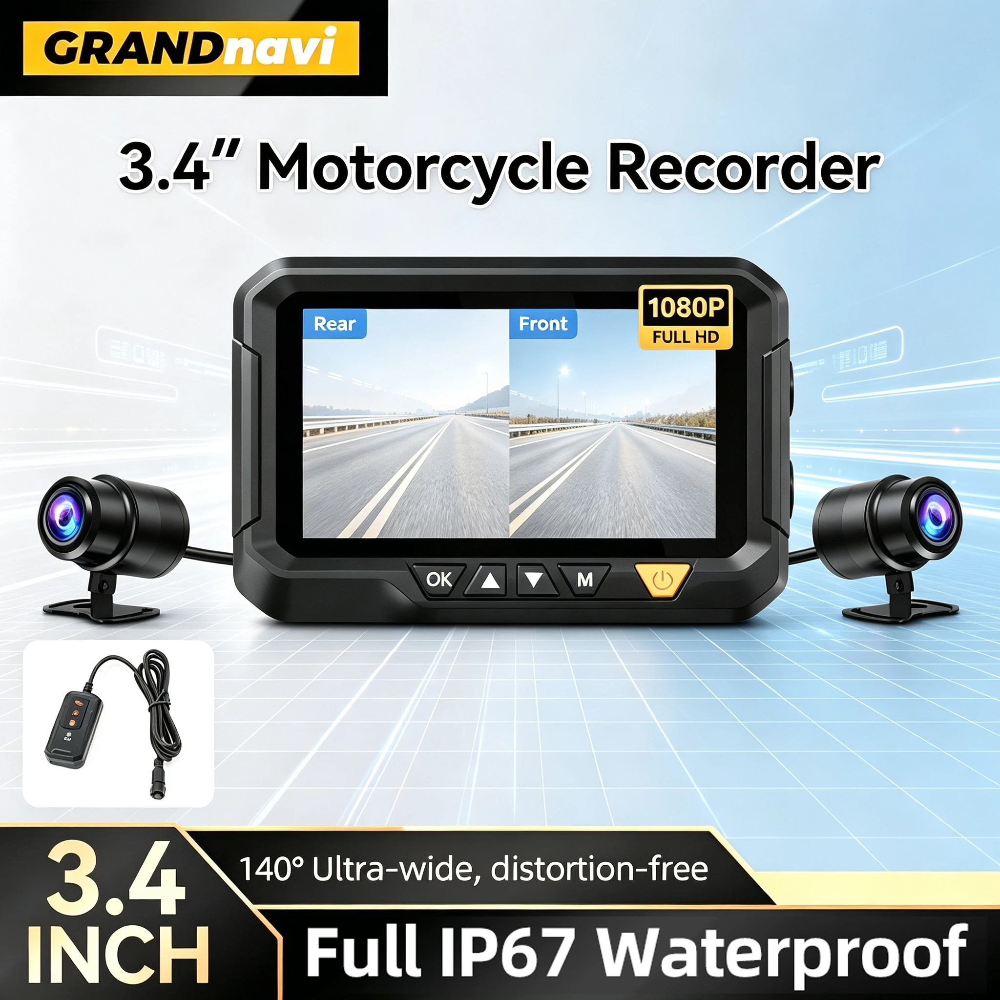 3.4 Inch Motorcycle Dashcam IP67 Waterproof Motorcycle Dual DVR Front Rear 1080P Camera Video Loop Recorder Black Night Vision