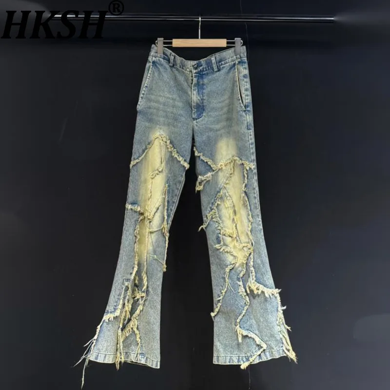 

HKSH Spring New Men's Niche Design American Distressed Casual Jeans Frayed Edges Slightly Flared Denim Pants High Street HK19080