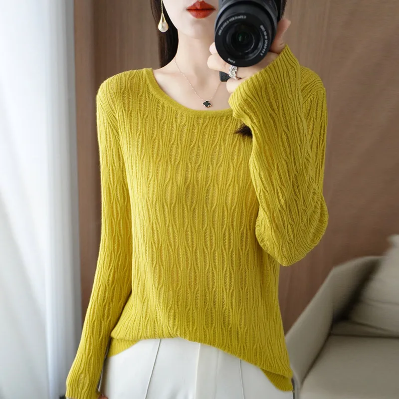 Autumn New Ladies Soft Breathable Sweater Wool Blend O-Neck Pullover Curved Hollow Out Knitted Sweater Slim-Fit Commuter Tops