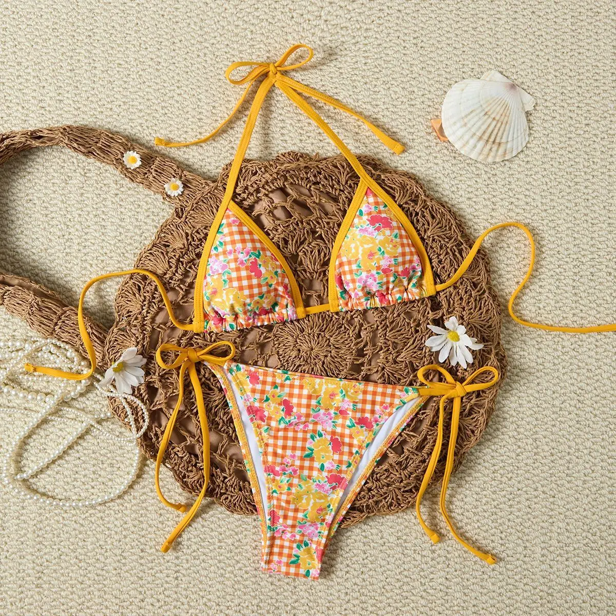 sexy yellow flower plaid print halter back tie bikinis sets two pieces thong swimsuits bathing suit swimwear biquini tankini
