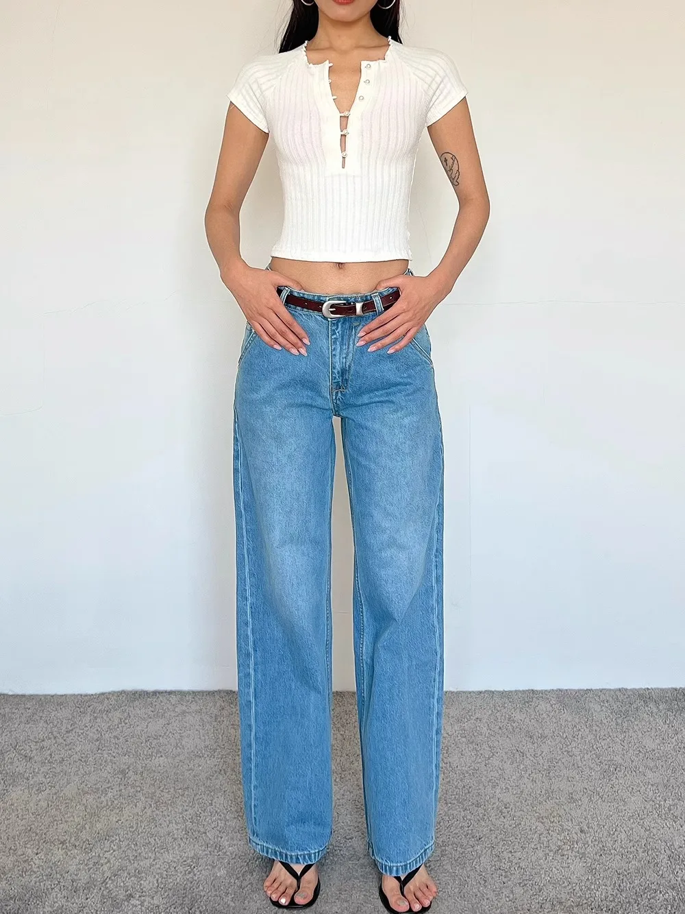 

Loose Straight Leg Blue Washed Denim Jeans Summer New Style American Retro Lazy Feel Light Blue Cotton Stretch Jeans Women