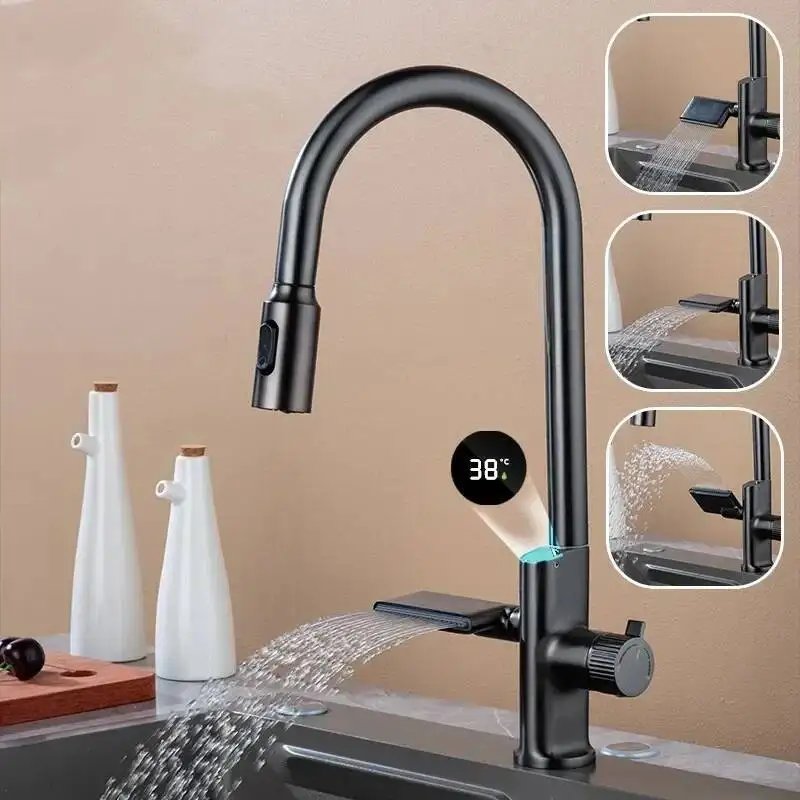 

Bathroom Faucet Hot Cold Water Sink Mixer Pull Out Stream Sprayer Waterfall Temperature Sensor Digital Display Kitchen Tap