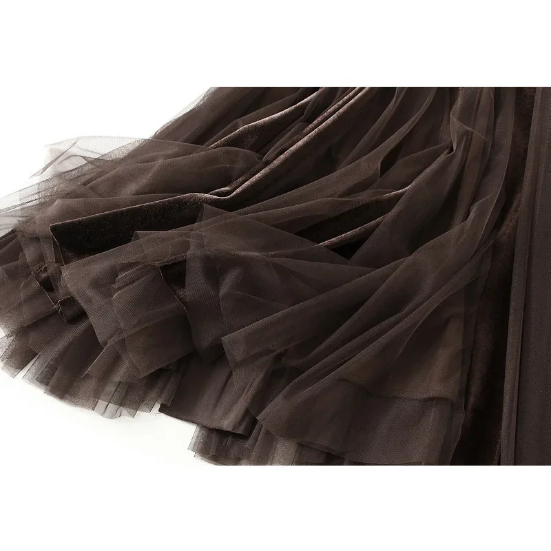 Осень-зима 2023, бархатные сетчатые лоскутные юбки-миди, женские повседневные элегантные длинные юбки с высокой талией в корейском стиле